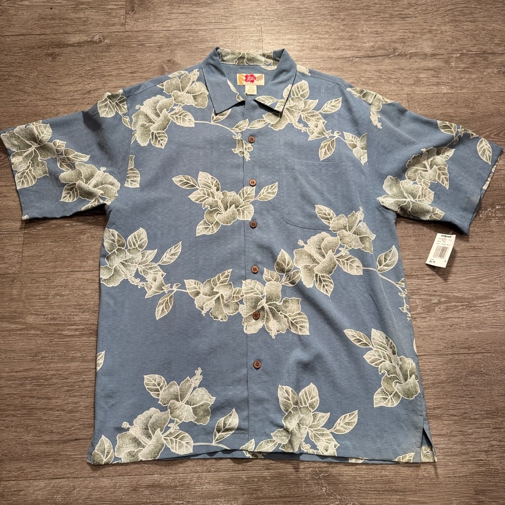 Hilo Hattie Shirt MensLarge Blue Silk Floral Aloha Loop Collar Camp Summer Beach